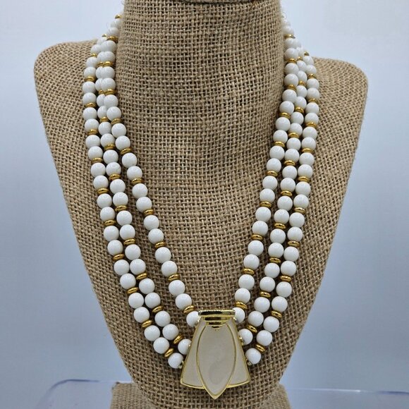 Vintage Multi-Strand White Gold Beaded Necklace Enamel Beige Statement Pendant - Picture 1 of 3